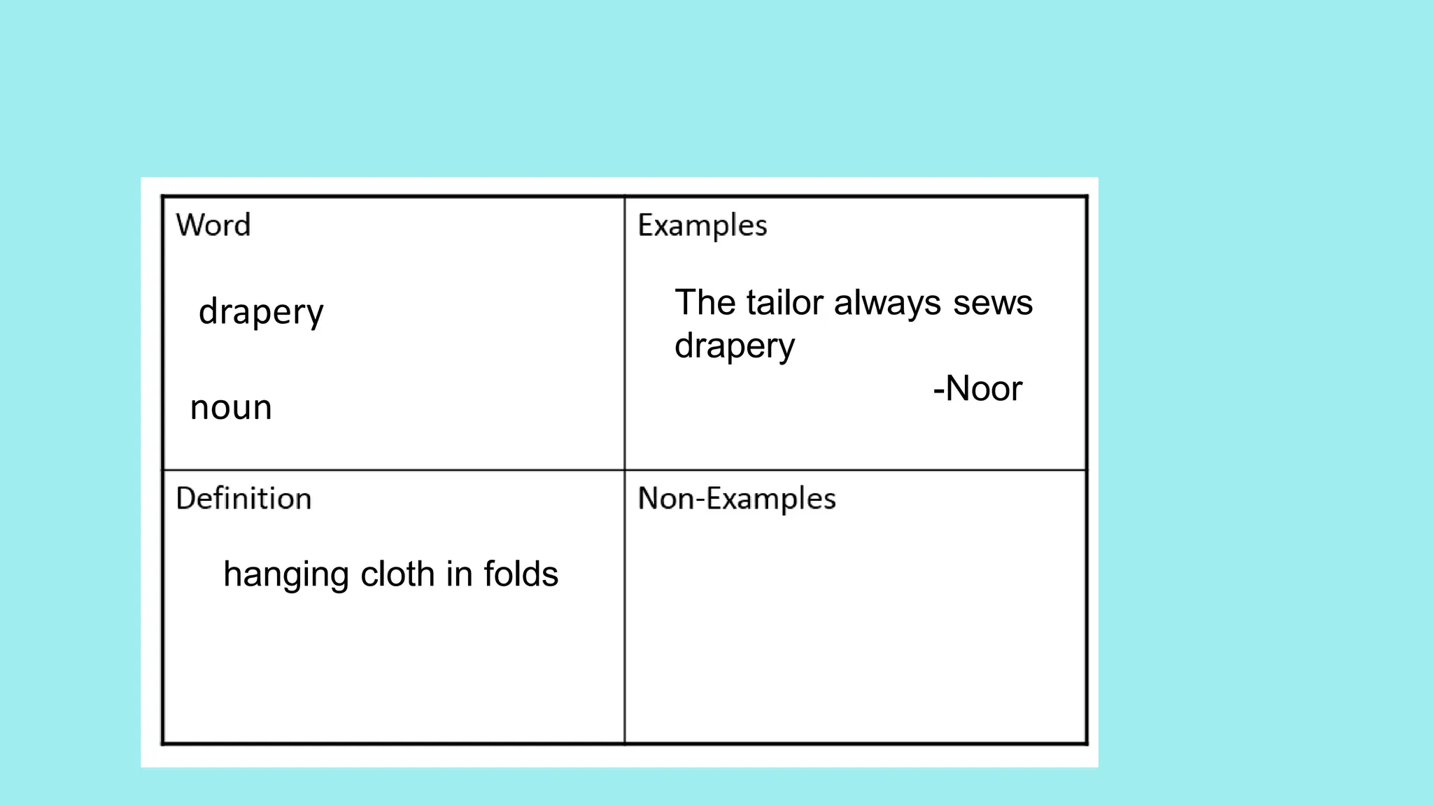 drapery
noun
hanging cloth in folds
The tailor always sews
drapery
-Noor
 