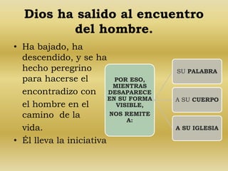 Dios ha salido al encuentro 
del hombre. 
• Ha bajado, ha 
descendido, y se ha 
hecho peregrino 
para hacerse el 
encontradizo con 
el hombre en el 
camino de la 
vida. 
• Él lleva la iniciativa 
POR ESO, 
MIENTRAS 
DESAPARECE 
EN SU FORMA 
VISIBLE, 
NOS REMITE 
A: 
SU PALABRA 
A SU CUERPO 
A SU IGLESIA 
 