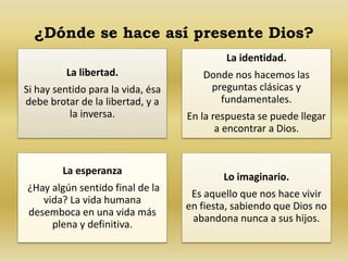 ¿Dónde se hace así presente Dios? 
La libertad. 
Si hay sentido para la vida, ésa 
debe brotar de la libertad, y a 
la inversa. 
La identidad. 
Donde nos hacemos las 
preguntas clásicas y 
fundamentales. 
En la respuesta se puede llegar 
a encontrar a Dios. 
La esperanza 
¿Hay algún sentido final de la 
vida? La vida humana 
desemboca en una vida más 
plena y definitiva. 
Lo imaginario. 
Es aquello que nos hace vivir 
en fiesta, sabiendo que Dios no 
abandona nunca a sus hijos. 
 