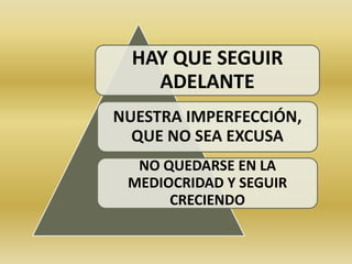 HAY QUE SEGUIR 
ADELANTE 
NUESTRA IMPERFECCIÓN, 
QUE NO SEA EXCUSA 
NO QUEDARSE EN LA 
MEDIOCRIDAD Y SEGUIR 
CRECIENDO 
 