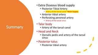 Summary
• Extra Osseous blood supply
• Posterior Tibial Artery
• Artery of the tarsal canal *Main Supply
• Anterior tibial artery
• Perforating peroneal artery
• Artery of the tarsal sinus
• Talar body
• Artery of the tarsal canal
• Head and Neck
• Dorsalis pedis and artery of the tarsal
sinus
• Posterior talus
• Posterior tibial artery
 