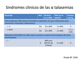 HbS TalasemiaAlfa talasemia + HbSExpresion mas leve que anemia por células falciformesAsintomáticoLos que tienen α0 talasemia  16% HbFLos que tienen α+ talasemia  8% HbFRodakBF. 2005. 