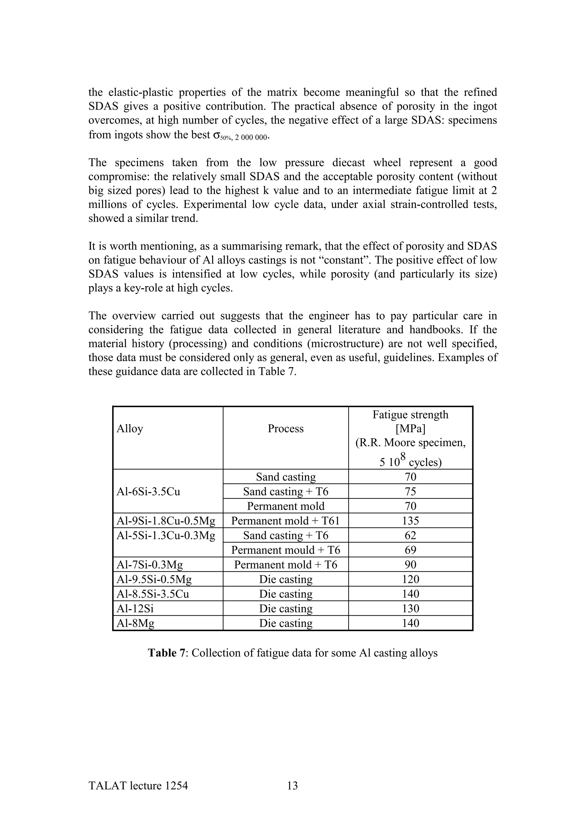 the elastic-plastic properties of the matrix become meaningful so that the refined
SDAS gives a positive contribution. The practical absence of porosity in the ingot
overcomes, at high number of cycles, the negative effect of a large SDAS: specimens
from ingots show the best σ50%, 2 000 000.

The specimens taken from the low pressure diecast wheel represent a good
compromise: the relatively small SDAS and the acceptable porosity content (without
big sized pores) lead to the highest k value and to an intermediate fatigue limit at 2
millions of cycles. Experimental low cycle data, under axial strain-controlled tests,
showed a similar trend.

It is worth mentioning, as a summarising remark, that the effect of porosity and SDAS
on fatigue behaviour of Al alloys castings is not “constant”. The positive effect of low
SDAS values is intensified at low cycles, while porosity (and particularly its size)
plays a key-role at high cycles.

The overview carried out suggests that the engineer has to pay particular care in
considering the fatigue data collected in general literature and handbooks. If the
material history (processing) and conditions (microstructure) are not well specified,
those data must be considered only as general, even as useful, guidelines. Examples of
these guidance data are collected in Table 7.


                                                             Fatigue strength
      Alloy                            Process                    [MPa]
                                                          (R.R. Moore specimen,
                                                              5 108 cycles)
                                   Sand casting                     70
      Al-6Si-3.5Cu               Sand casting + T6                 75
                                  Permanent mold                    70
      Al-9Si-1.8Cu-0.5Mg       Permanent mold + T61                135
      Al-5Si-1.3Cu-0.3Mg         Sand casting + T6                 62
                               Permanent mould + T6                 69
      Al-7Si-0.3Mg             Permanent mold + T6                  90
      Al-9.5Si-0.5Mg                Die casting                    120
      Al-8.5Si-3.5Cu                Die casting                    140
      Al-12Si                       Die casting                    130
      Al-8Mg                        Die casting                    140

              Table 7: Collection of fatigue data for some Al casting alloys




TALAT lecture 1254                         13
 