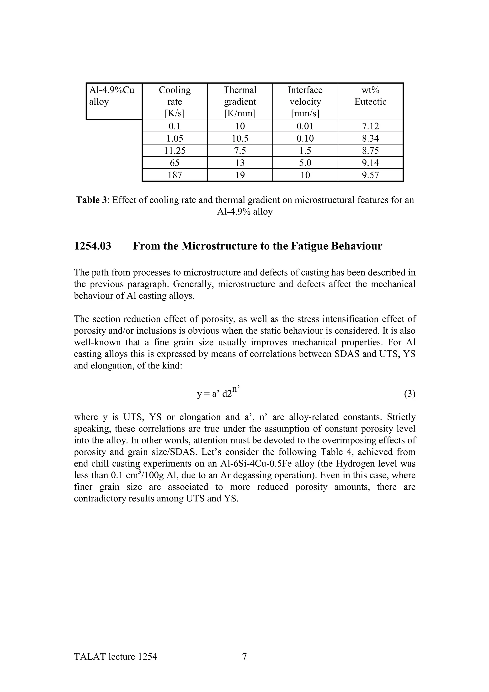 Al-4.9%Cu          Cooling         Thermal          Interface          wt%
   alloy                rate          gradient          velocity         Eutectic
                       [K/s]          [K/mm]            [mm/s]
                         0.1             10              0.01             7.12
                        1.05            10.5             0.10             8.34
                       11.25             7.5              1.5             8.75
                         65              13               5.0             9.14
                        187              19                10             9.57

Table 3: Effect of cooling rate and thermal gradient on microstructural features for an
                                     Al-4.9% alloy


1254.03        From the Microstructure to the Fatigue Behaviour

The path from processes to microstructure and defects of casting has been described in
the previous paragraph. Generally, microstructure and defects affect the mechanical
behaviour of Al casting alloys.

The section reduction effect of porosity, as well as the stress intensification effect of
porosity and/or inclusions is obvious when the static behaviour is considered. It is also
well-known that a fine grain size usually improves mechanical properties. For Al
casting alloys this is expressed by means of correlations between SDAS and UTS, YS
and elongation, of the kind:

                                y = a’ d2n’                                          (3)

where y is UTS, YS or elongation and a’, n’ are alloy-related constants. Strictly
speaking, these correlations are true under the assumption of constant porosity level
into the alloy. In other words, attention must be devoted to the overimposing effects of
porosity and grain size/SDAS. Let’s consider the following Table 4, achieved from
end chill casting experiments on an Al-6Si-4Cu-0.5Fe alloy (the Hydrogen level was
less than 0.1 cm3/100g Al, due to an Ar degassing operation). Even in this case, where
finer grain size are associated to more reduced porosity amounts, there are
contradictory results among UTS and YS.




TALAT lecture 1254                            7
 