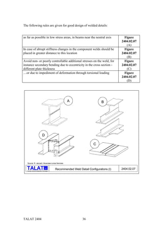 The following rules are given for good design of welded details:


as far as possible in low stress areas, in beams near the neutral axis                             Figure
                                                                                                 2404.02.07
                                                                                                    (A)
In case of abrupt stiffness changes in the component welds should be                               Figure
placed in greater distance to this location                                                      2404.02.07
                                                                                                     (B)
Avoid non- or poorly controllable additional stresses on the weld, for                             Figure
instance secondary bending due to eccentricity in the cross section -                            2404.02.07
different plate thickness                                                                            (C)
....or due to impediment of deformation through torsional loading                                  Figure
                                                                                                 2404.02.07
                                                                                                    (D)




                                                            A                         B




                                    D

                                                                                C




   Source: R. Jaccard, Alusuisse-Lonza Services

                                          alu
                                                    Recommended Weld Detail Configurations (I)   2404.02.07
   Training in Aluminium Application Technologies




TALAT 2404                                                              36
 