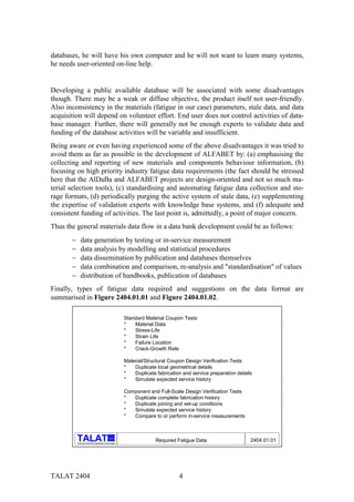databases, he will have his own computer and he will not want to learn many systems,
he needs user-oriented on-line help.


Developing a public available database will be associated with some disadvantages
though. There may be a weak or diffuse objective, the product itself not user-friendly.
Also inconsistency in the materials (fatigue in our case) parameters, stale data, and data
acquisition will depend on volunteer effort. End user does not control activities of data-
base manager. Further, there will generally not be enough experts to validate data and
funding of the database activities will be variable and insufficient.
Being aware or even having experienced some of the above disadvantages it was tried to
avoid them as far as possible in the development of ALFABET by: (a) emphasising the
collecting and reporting of new materials and components behaviour information, (b)
focusing on high priority industry fatigue data requirements (the fact should be stressed
here that the AlDaBa and ALFABET projects are design-oriented and not so much ma-
terial selection tools), (c) standardising and automating fatigue data collection and sto-
rage formats, (d) periodically purging the active system of stale data, (e) supplementing
the expertise of validation experts with knowledge base systems, and (f) adequate and
consistent funding of activities. The last point is, admittedly, a point of major concern.
Thus the general materials data flow in a data bank development could be as follows:
       −      data generation by testing or in-service measurement
       −      data analysis by modelling and statistical procedures
       −      data dissemination by publication and databases themselves
       −      data combination and comparison, re-analysis and "standardisation" of values
       −      distribution of handbooks, publication of databases
Finally, types of fatigue data required and suggestions on the data format are
summarised in Figure 2404.01.01 and Figure 2404.01.02.

                                                            Standard Material Coupon Tests
                                                            *   Material Data
                                                            *   Stress-Life
                                                            *   Strain Life
                                                            *   Failure Location
                                                            *   Crack-Growth Rate

                                                            Material/Structural Coupon Design Verification Tests
                                                            *   Duplicate local geometrical details
                                                            *   Duplicate fabrication and service preparation details
                                                            *   Simulate expected service history

                                                            Component and Full-Scale Design Verification Tests
                                                            *  Duplicate complete fabrication history
                                                            *  Duplicate joining and set-up conditions
                                                            *  Simulate expected service history
                                                            *  Compare to or perform in-service measurements



                                                  alu

           Training in Aluminium Application Technologies
                                                                          Required Fatigue Data                     2404.01.01




TALAT 2404                                                                          4
 
