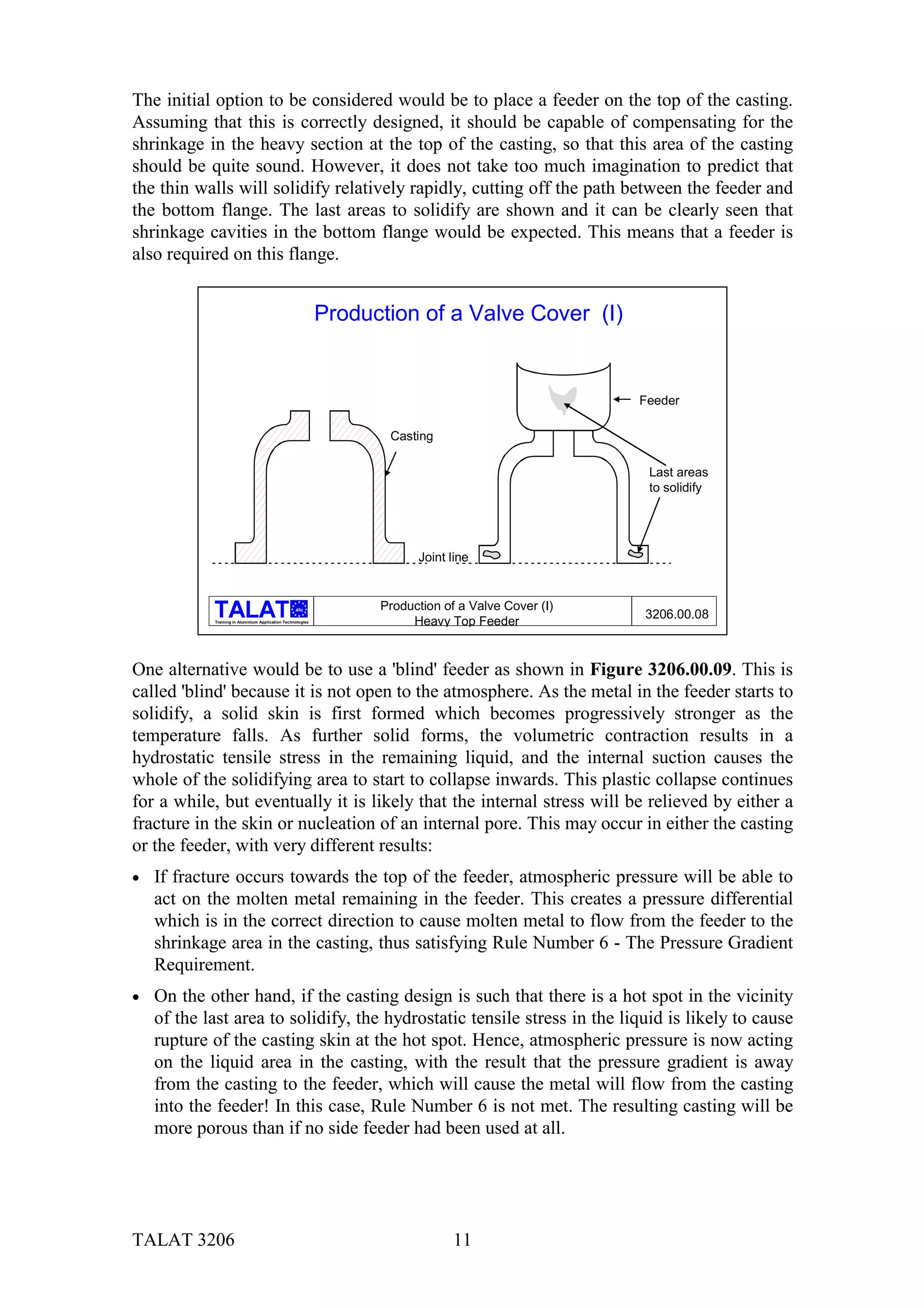 The initial option to be considered would be to place a feeder on the top of the casting.
Assuming that this is correctly designed, it should be capable of compensating for the
shrinkage in the heavy section at the top of the casting, so that this area of the casting
should be quite sound. However, it does not take too much imagination to predict that
the thin walls will solidify relatively rapidly, cutting off the path between the feeder and
the bottom flange. The last areas to solidify are shown and it can be clearly seen that
shrinkage cavities in the bottom flange would be expected. This means that a feeder is
also required on this flange.


                                                             Production of a Valve Cover (I)


                                                                                                     Feeder

                                                                    Casting

                                                                                                      Last areas
                                                                                                      to solidify




                                                                         Joint line


                                                   alu             Production of a Valve Cover (I)
                                                                                                     3206.00.08
            Training in Aluminium Application Technologies              Heavy Top Feeder


One alternative would be to use a 'blind' feeder as shown in Figure 3206.00.09. This is
called 'blind' because it is not open to the atmosphere. As the metal in the feeder starts to
solidify, a solid skin is first formed which becomes progressively stronger as the
temperature falls. As further solid forms, the volumetric contraction results in a
hydrostatic tensile stress in the remaining liquid, and the internal suction causes the
whole of the solidifying area to start to collapse inwards. This plastic collapse continues
for a while, but eventually it is likely that the internal stress will be relieved by either a
fracture in the skin or nucleation of an internal pore. This may occur in either the casting
or the feeder, with very different results:
•   If fracture occurs towards the top of the feeder, atmospheric pressure will be able to
    act on the molten metal remaining in the feeder. This creates a pressure differential
    which is in the correct direction to cause molten metal to flow from the feeder to the
    shrinkage area in the casting, thus satisfying Rule Number 6 - The Pressure Gradient
    Requirement.
•   On the other hand, if the casting design is such that there is a hot spot in the vicinity
    of the last area to solidify, the hydrostatic tensile stress in the liquid is likely to cause
    rupture of the casting skin at the hot spot. Hence, atmospheric pressure is now acting
    on the liquid area in the casting, with the result that the pressure gradient is away
    from the casting to the feeder, which will cause the metal will flow from the casting
    into the feeder! In this case, Rule Number 6 is not met. The resulting casting will be
    more porous than if no side feeder had been used at all.




TALAT 3206                                                                      11
 