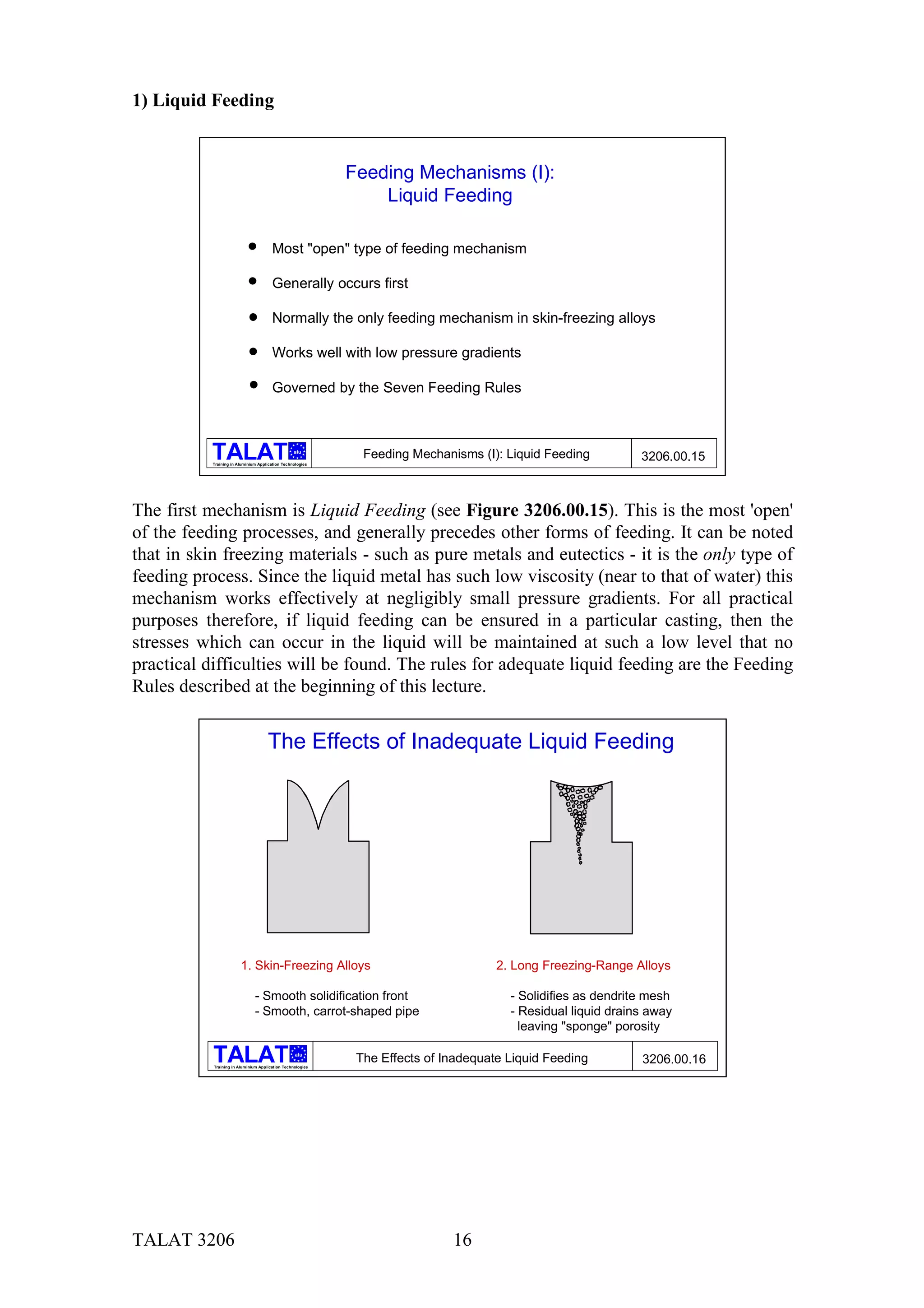1) Liquid Feeding


                                                            Feeding Mechanisms (I):
                                                                Liquid Feeding

                                       Most "open" type of feeding mechanism

                                       Generally occurs first

                                       Normally the only feeding mechanism in skin-freezing alloys

                                       Works well with low pressure gradients

                                       Governed by the Seven Feeding Rules



                                                  alu
                                                              Feeding Mechanisms (I): Liquid Feeding          3206.00.15
           Training in Aluminium Application Technologies




The first mechanism is Liquid Feeding (see Figure 3206.00.15). This is the most 'open'
of the feeding processes, and generally precedes other forms of feeding. It can be noted
that in skin freezing materials - such as pure metals and eutectics - it is the only type of
feeding process. Since the liquid metal has such low viscosity (near to that of water) this
mechanism works effectively at negligibly small pressure gradients. For all practical
purposes therefore, if liquid feeding can be ensured in a particular casting, then the
stresses which can occur in the liquid will be maintained at such a low level that no
practical difficulties will be found. The rules for adequate liquid feeding are the Feeding
Rules described at the beginning of this lecture.


                                     The Effects of Inadequate Liquid Feeding




                        1. Skin-Freezing Alloys                                      2. Long Freezing-Range Alloys

                               - Smooth solidification front                           - Solidifies as dendrite mesh
                               - Smooth, carrot-shaped pipe                            - Residual liquid drains away
                                                                                         leaving "sponge" porosity

                                                   alu

           Training in Aluminium Application Technologies
                                                             The Effects of Inadequate Liquid Feeding         3206.00.16




TALAT 3206                                                                   16
 
