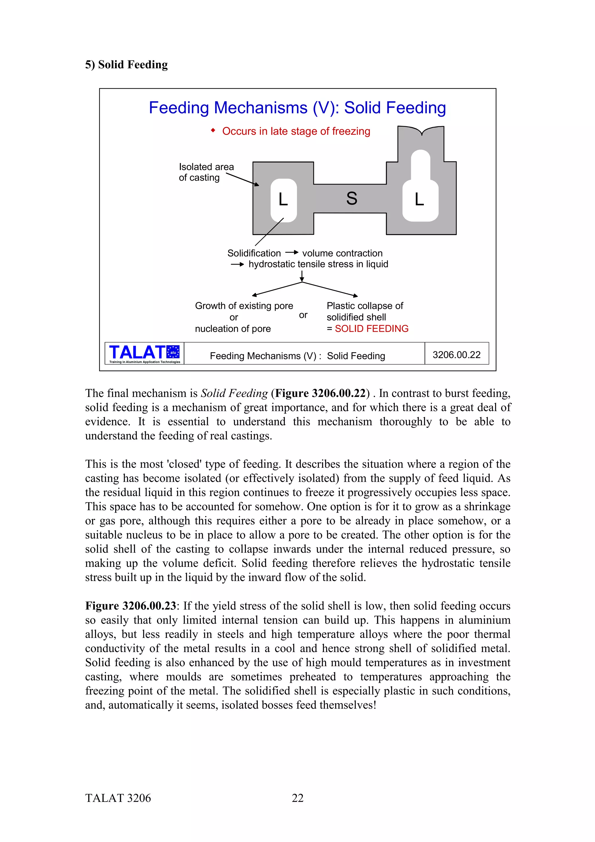 5) Solid Feeding


                              Feeding Mechanisms (V): Solid Feeding
                                                         $ Occurs in late stage of freezing


                                                  Isolated area
                                                  of casting

                                                                         L                 S                L

                                                             Solidification    volume contraction
                                                                  hydrostatic tensile stress in liquid



                                                      Growth of existing pore         Plastic collapse of
                                                              or              or      solidified shell
                                                      nucleation of pore              = SOLID FEEDING

                                            alu
                                                         Feeding Mechanisms (V) : Solid Feeding                 3206.00.22
     Training in Aluminium Application Technologies




The final mechanism is Solid Feeding (Figure 3206.00.22) . In contrast to burst feeding,
solid feeding is a mechanism of great importance, and for which there is a great deal of
evidence. It is essential to understand this mechanism thoroughly to be able to
understand the feeding of real castings.

This is the most 'closed' type of feeding. It describes the situation where a region of the
casting has become isolated (or effectively isolated) from the supply of feed liquid. As
the residual liquid in this region continues to freeze it progressively occupies less space.
This space has to be accounted for somehow. One option is for it to grow as a shrinkage
or gas pore, although this requires either a pore to be already in place somehow, or a
suitable nucleus to be in place to allow a pore to be created. The other option is for the
solid shell of the casting to collapse inwards under the internal reduced pressure, so
making up the volume deficit. Solid feeding therefore relieves the hydrostatic tensile
stress built up in the liquid by the inward flow of the solid.

Figure 3206.00.23: If the yield stress of the solid shell is low, then solid feeding occurs
so easily that only limited internal tension can build up. This happens in aluminium
alloys, but less readily in steels and high temperature alloys where the poor thermal
conductivity of the metal results in a cool and hence strong shell of solidified metal.
Solid feeding is also enhanced by the use of high mould temperatures as in investment
casting, where moulds are sometimes preheated to temperatures approaching the
freezing point of the metal. The solidified shell is especially plastic in such conditions,
and, automatically it seems, isolated bosses feed themselves!




TALAT 3206                                                                   22
 