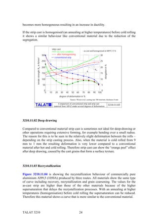 becomes more homogeneous resulting in an increase in ductility.

If the strip cast is homogenised (an annealing at higher temperatures) before cold rolling
it shows a similar behaviour like conventional material due to the reduction of the
segregation.

                                                           strip cast
                                                                 as-cast condition               - as-cast and homogenised at 600°C/15 h

                                             300                 after homogenizing                                   30
                                                              conventional strip
              tensile strength Rm in N/mm2




                                             250                                                                      25




                                                                                                                              elongation in %
                                             200                                                                      20
                                                                                                               Rm
                                                                                                     A
                                             150                                                                      15

                                             100                                                                      10

                                             50                                                                           5

                                              0                                                                           0
                                               0   10         20    30    40    50     60     70      80     90     100
                                                                   degree of deformation in %
                                                                               Source: Wieser et.al, casting rate 700 mm/min, thickness 8 mm

                                                                 Comparison of conventional strip and strip cast
                                                   alu

          Training in Aluminium Application Technologies     material from AlFe2 under several degrees of deformation
                                                                                                                                                3210.11.03




3210.11.02 Deep drawing

Compared to conventional material strip cast is sometimes not ideal for deep-drawing or
other operations requiring extensive forming, for example bending over a small radius.
The reason for this is to be seen in the relatively slight deformation between the rolls –
depending on the strip casting process. Also, when the material is cold rolled from 9
mm to 1 mm the resulting deformation is very lower compared to a conventional
material after hot and cold rolling. Therefore strip cast can show the “orange peel” effect
after deep drawing, caused by the cast grains that form a surface texture.



3210.11.03 Recrystallization

Figure 3210.11.04 is showing the recyrstallization behaviour of commercially pure
aluminium Al99,5 (1050A) produced by three routes. All materials show the same type
of curve including recovery, recrystallization and grain coarsening. The values for the
as-cast strip are higher than those of the other materials because of the higher
supersaturation that delays the recrystallization processes. With an annealing at higher
temperatures (homogenisation) before cold rolling the supersaturation can be reduced.
Therefore this material shows a curve that is more similar to the conventional material.



TALAT 3210                                                                                  24
 