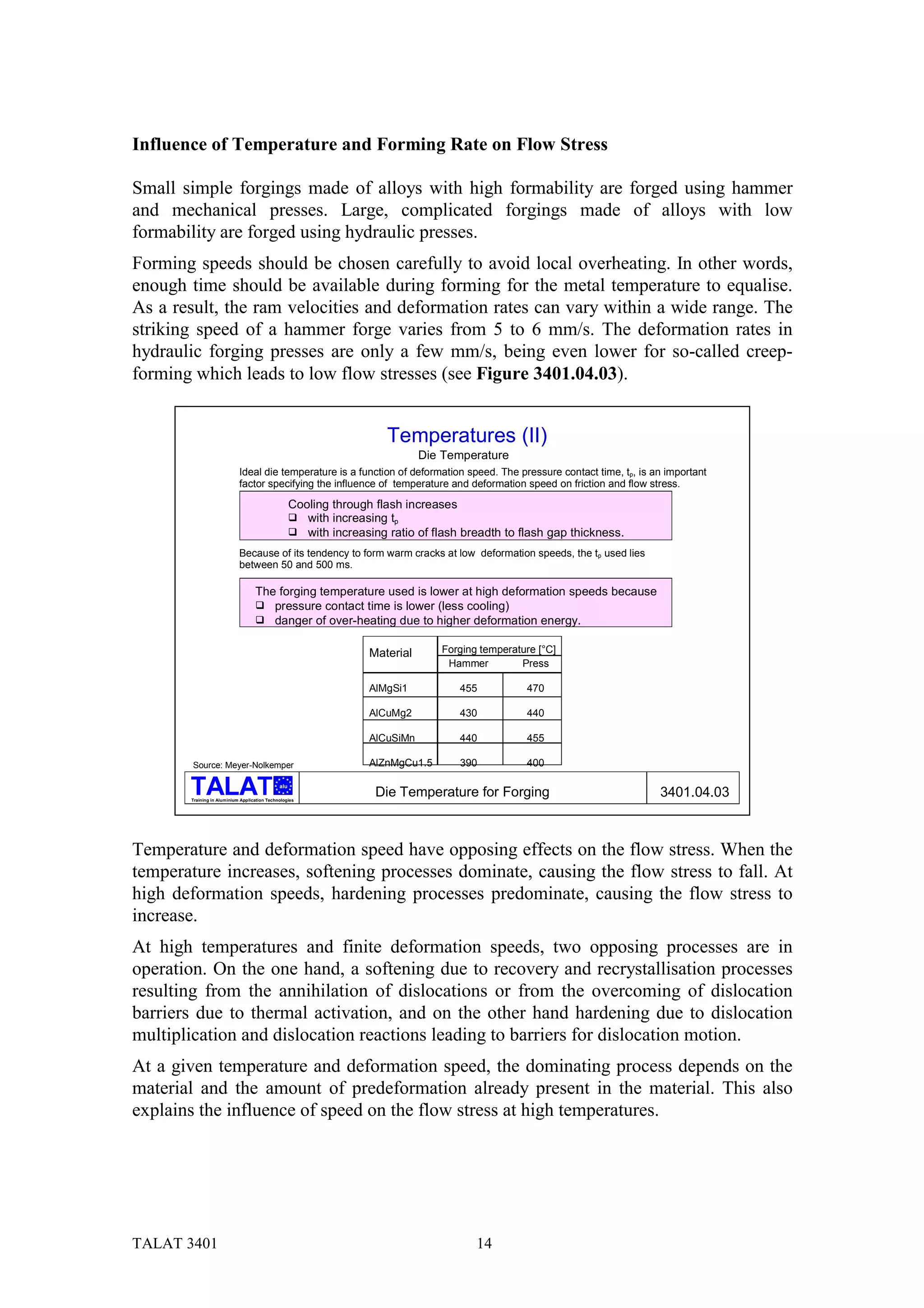 Influence of Temperature and Forming Rate on Flow Stress

Small simple forgings made of alloys with high formability are forged using hammer
and mechanical presses. Large, complicated forgings made of alloys with low
formability are forged using hydraulic presses.
Forming speeds should be chosen carefully to avoid local overheating. In other words,
enough time should be available during forming for the metal temperature to equalise.
As a result, the ram velocities and deformation rates can vary within a wide range. The
striking speed of a hammer forge varies from 5 to 6 mm/s. The deformation rates in
hydraulic forging presses are only a few mm/s, being even lower for so-called creep-
forming which leads to low flow stresses (see Figure 3401.04.03).


                                                                      Temperatures (II)
                                                                              Die Temperature
                            Ideal die temperature is a function of deformation speed. The pressure contact time, tp, is an important
                            factor specifying the influence of temperature and deformation speed on friction and flow stress.

                                                    Cooling through flash increases
                                                    # with increasing tp
                                                    # with increasing ratio of flash breadth to flash gap thickness.

                            Because of its tendency to form warm cracks at low deformation speeds, the tp used lies
                            between 50 and 500 ms.

                                   The forging temperature used is lower at high deformation speeds because
                                   # pressure contact time is lower (less cooling)
                                   # danger of over-heating due to higher deformation energy.


                                                                   Material      Forging temperature [°C]
                                                                                  Hammer         Press

                                                                   AlMgSi1          455           470

                                                                   AlCuMg2          430           440

                                                                   AlCuSiMn         440           455

        Source: Meyer-Nolkemper                                    AlZnMgCu1.5      390           400

                                              alu

       Training in Aluminium Application Technologies
                                                                    Die Temperature for Forging                          3401.04.03



Temperature and deformation speed have opposing effects on the flow stress. When the
temperature increases, softening processes dominate, causing the flow stress to fall. At
high deformation speeds, hardening processes predominate, causing the flow stress to
increase.
At high temperatures and finite deformation speeds, two opposing processes are in
operation. On the one hand, a softening due to recovery and recrystallisation processes
resulting from the annihilation of dislocations or from the overcoming of dislocation
barriers due to thermal activation, and on the other hand hardening due to dislocation
multiplication and dislocation reactions leading to barriers for dislocation motion.
At a given temperature and deformation speed, the dominating process depends on the
material and the amount of predeformation already present in the material. This also
explains the influence of speed on the flow stress at high temperatures.




TALAT 3401                                                                              14
 