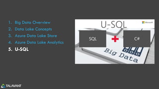 1. Big Data Overview
2. Data Lake Concepts
3. Azure Data Lake Store
4. Azure Data Lake Analytics
5. U-SQL
 