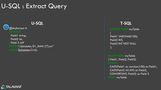 U-SQL : Extract Query
@MyExtract =
EXTRACT
Field1 string,
Field2 int,
Field 3 int?
FROM “/datalake/01_RAW/{*}.csv”
USING Extractors.Csv();
U-SQL T-SQL
INSERT INTO myTable
( Field1, Field2, Field3)
SELECT
CAST(Field1 as varchar(100) as Field1,
CAST(Field2 AS INT) as Field2,
CONVERT(INT, Field3) as Field 3
FROM myTable
CREATE TABLE myTable
(
Field1 VARCHAR(100),
Field2 INT,
Field3 INT NOT NULL
);
1
 