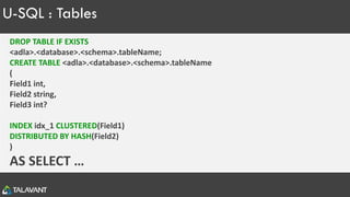 U-SQL : Tables
DROP TABLE IF EXISTS
<adla>.<database>.<schema>.tableName;
CREATE TABLE <adla>.<database>.<schema>.tableName
(
Field1 int,
Field2 string,
Field3 int?
INDEX idx_1 CLUSTERED(Field1)
DISTRIBUTED BY HASH(Field2)
)
AS SELECT …
 