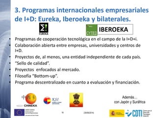 16 (30/06/2014)
UNIÓN EUROPEA
Fondo Europeo de
Desarrollo Regional (FEDER)
Una manera de hacer Europa
• Programas de cooperación tecnológica en el campo de la I+D+i.
• Colaboración abierta entre empresas, universidades y centros de
I+D.
• Proyectos de, al menos, una entidad independiente de cada país.
• “Sello de calidad”.
• Proyectos enfocados al mercado.
• Filosofía “Bottom-up”.
• Programa descentralizado en cuanto a evaluación y financiación.
IBEROEKA
Además…
con Japón y Suráfrica
3. Programas internacionales empresariales
de I+D: Eureka, Iberoeka y bilaterales.
 