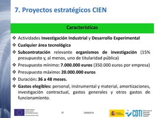 25 (30/06/2014)
UNIÓN EUROPEA
Fondo Europeo de
Desarrollo Regional (FEDER)
Una manera de hacer Europa
Características
 Actividades Investigación Industrial y Desarrollo Experimental
 Cualquier área tecnológica
 Subcontratación relevante organismos de investigación (15%
presupuesto y, al menos, uno de titularidad pública)
 Presupuesto mínimo: 7.000.000 euros (350.000 euros por empresa)
 Presupuesto máximo: 20.000.000 euros
 Duración: 36 a 48 meses.
 Gastos elegibles: personal, instrumental y material, amortizaciones,
investigación contractual, gastos generales y otros gastos de
funcionamiento.
7. Proyectos estratégicos CIEN
 
