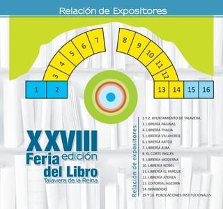 1 2 15 1613 14
3
4
5
6
7 8
9
10
11
12
1 Y 2. AYUNTAMIENTO DE TALAVERA.
3. LIBRERÍA PÁGINAS
4. LIBRERÍA THALIA
5. LIBRERÍA VILLAVERDE
6. LIBRERÍA ARTCO
7. LIBRERÍA ALBA
8. EL CORTE INGLÉS
9. LIBRERÍA MODERNA
10. LIBRERÍA NOBEL
11. LIBRERÍA EL PARQUE
12. LIBRERÍA ATENEA
13. EDITORIAL AGESMA
14. MINIBOOKS
15 Y 16. PUBLICACIONES INSTITUCIONALES
Relacióndeexpositores
Expositores
1 2 15 1613 14
3
4
5
6
7 8
9
10
11
12
1 Y 2. AYUNTAMIENTO DE TALAVERA.
3. LIBRERÍA PÁGINAS
4. LIBRERÍA THALIA
5. LIBRERÍA VILLAVERDE
6. LIBRERÍA ARTCO
7. LIBRERÍA ALBA
8. EL CORTE INGLÉS
9. LIBRERÍA MODERNA
10. LIBRERÍA NOBEL
11. LIBRERÍA EL PARQUE
12. LIBRERÍA ATENEA
13. EDITORIAL AGESMA
14. MINIBOOKS
15 Y 16. PUBLICACIONES INSTITUCIONALES
Relacióndeexpositores
Relación de
 
