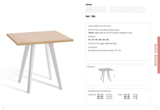 Ref. 396
MESA BURDEOS
MESASHAYA
113
Modelo
112
CARACTERÍSTICAS TÉCNICAS
ESTRUCTURA: de madera de haya maciza.
Tablero: aglomerado de 30 mm. de grosor chapado en haya.
MEDIDAS
70 x 70 / 80 x 80 / 90 x 90
TIPO DE PATA: Aguja. Madera de haya.
ACABADOS
(Consultar carta de colores en pag. 174-175)
MEDIDAS:
INFORMACIÓN DE EMBALAJE
CUBICAJE: PESO: 70 x 70 21 Kg.
80 x 80 28 Kg.
90 x 90 31 Kg.
70 x 70 0,10 m3
80 x 80 0,13 m3
90 x 90 0,16 m3
74,5cm.
 