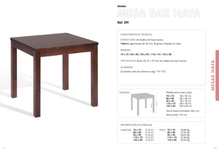 Ref. 391
MESA BAR HAYA
MESASHAYA
115
Modelo
114
CARACTERÍSTICAS TÉCNICAS
ESTRUCTURA: de madera de haya maciza.
Tablero: aglomerado de 30 mm. de grosor chapado en haya.
MEDIDAS
70 x 70 / 80 x 80 / 90 x 90 / 110 x 70 / 120 x 80
TIPO DE PATA: Recta. De 55 x 55 mm de madera de haya maciza.
ACABADOS
(Consultar carta de colores en pag. 174-175)
Medida entre pata y pata:
70 x 70 58 x 58 cm.
80 x 80 68 x 68 cm.
90 x 90 78 x 78 cm.
110 x 70 98 x 58 cm.
120 x 80 108 x 68 cm.
Altura hasta el armazón: 66,5 cm.
Altura total: 75,5 cm.
MEDIDAS:
INFORMACIÓN DE EMBALAJE
CUBICAJE: PESO: 70 x 70 20,80 Kg.
80 x 80 27,50 Kg.
90 x 90 30,00 Kg.
110 x 70 32,40 Kg.
120 x 80 33,00 Kg.
70 x 70 0,10 m3
80 x 80 0,13 m3
90 x 90 0,16 m3
110 x 70 0,15 m3
120 x 80 0,19 m3
65,5cm.
74,5cm.
 