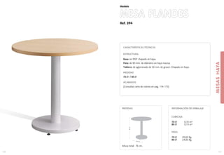 CARACTERÍSTICAS TÉCNICAS
ESTRUCTURA:
Base: en MDF chapado en haya.
Pata: de 90 mm. de diámetro en haya maciza.
Tablero: de aglomerado de 30 mm. de grosor. Chapado en haya.
MEDIDAS
70 / 80
ACABADOS
(Consultar carta de colores en pag. 174-175)
44,5 cm.
76cm.
MEDIDAS:
Altura total: 76 cm.
Ref. 394
MESA FLANDES
MESASHAYA
117
Modelo
116
INFORMACIÓN DE EMBALAJE
CUBICAJE:
70 0,10 m3
80 0,13 m3
PESO:
70 20,00 Kg.
80 24,00 Kg.
 