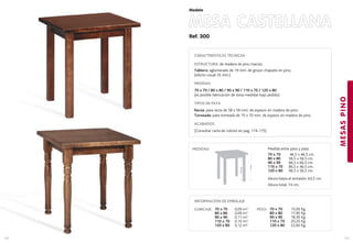 Ref. 300
MESA CASTELLANA
MESASPINO
129
Modelo
128
CARACTERÍSTICAS TÉCNICAS
ESTRUCTURA: de madera de pino macizo.
Tablero: aglomerado de 19 mm. de grosor chapado en pino.
(efecto visual 35 mm.)
MEDIDAS
70 x 70 / 80 x 80 / 90 x 90 / 110 x 70 / 120 x 80
(es posible fabricación de otras medidas bajo pedido)
TIPOS DE PATA
Recta: pata recta de 58 x 58 mm. de espesor en madera de pino.
Torneada: pata torneada de 70 x 70 mm. de espesor en madera de pino.
ACABADOS
(Consultar carta de colores en pag. 174-175)
Medida entre pata y pata:
70 x 70 46,5 x 46,5 cm.
80 x 80 56,5 x 56,5 cm.
90 x 90 66,5 x 66,5 cm.
110 x 70 86,5 x 46,5 cm.
120 x 80 96,5 x 56,5 cm.
Altura hasta el armazón: 63,5 cm.
Altura total: 74 cm.
MEDIDAS:
INFORMACIÓN DE EMBALAJE
CUBICAJE: PESO: 70 x 70 15,00 Kg.
80 x 80 17,90 Kg.
90 x 90 18,30 Kg.
110 x 70 20,20 Kg.
120 x 80 22,60 Kg.
70 x 70 0,09 m3
80 x 80 0,09 m3
90 x 90 0,11 m3
110 x 70 0,10 m3
120 x 80 0,12 m3
63,5cm.
74cm.
 
