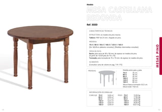 Ref. 302D
MESA CASTELLANA
REDONDA
MESASPINO
133
Modelo
132
CARACTERÍSTICAS TÉCNICAS
ESTRUCTURA: en madera de pino macizo.
Tablero: MDF de 23 mm. chapado en pino.
MEDIDAS
70 / 80 / 90 / 100 / 120 / 160
(De 160 en adelante consultar). (Medidas intermedias consultar).
TIPOS DE PATA
Recta: pata recta de 58 x 58 mm. de espesor en madera de pino.
(A partir de 120 pata de 70 x 70).
Torneada: pata torneada de 70 x 70 mm. de espesor en madera de pino.
ACABADOS
(Consultar carta de colores en pag. 174-175)
INFORMACIÓN DE EMBALAJE
CUBICAJE: PESO: 70 12,00 Kg.
80 17,90 Kg.
90 18,30 Kg.
100 20,00 Kg.
120 30,00 Kg.
160 50,0 0 Kg.
70 0,09 m3
80 0,09 m3
90 0,11 m3
100 0,25 m3
120 0,30 m3
160 0,39 m3
Medida entre pata y pata:
70 35 cm.
80 40 cm.
90 45 cm.
100 50 cm.
120 60 cm.
160 80 cm.
Altura hasta el armazón: 63,5 cm.
Altura total: 74,8 cm.
MEDIDAS:
63,5cm.
75cm.
 