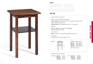 Ref. 350
MESA ALTA
CUADRADA
MESASPINO
135
Modelo
134
CARACTERÍSTICAS TÉCNICAS
ESTRUCTURA: en madera de pino macizo.
Tablero superior: de aglomerado de 19 mm. chapado y macizado en pino.
(efecto visual del canto 35 mm.)
Tablero inferior: de DM chapado en pino de 11 mm. de grosor.
MEDIDAS
70 x 70 / 80 x 80 / 110 x 70 / 120 x 80 cm.
(Medidas especiales consultar).
TIPO DE PATA:
Recta: de 58 x 58 mm. de espesor en madera de pino macizo.
ACABADOS
Consultar carta de colores en pag. 174-175)
Medida entre pata y pata:
70 x 70 46,5 x 46,5 cm.
80 x 80 56,5 x 56,5 cm.
110 x 70 86,5 x 46,5 cm.
120 x 80 96,5 x 56,5 cm.
Altura total: 110 cm.
MEDIDAS:
INFORMACIÓN DE EMBALAJE
CUBICAJE: PESO: 70 x 70 21,50 Kg.
80 x 80 27,00 Kg.
110 x 70 29,00 Kg.
120 x 80 30,00 Kg.
70 x 70 0,13 m3
80 x 80 0,13 m3
110 x 70 0,13 m3
120 x 80 0,13 m3
110cm.
 
