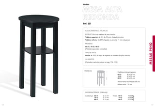 Ref. 351
MESA ALTA
REDONDA
MESASPINO
137
Modelo
136
CARACTERÍSTICAS TÉCNICAS
ESTRUCTURA: en madera de pino macizo.
Tablero superior: de DM de 23 mm. chapado en pino.
Tablero inferior: de DM chapado en pino de 11 mm. de grosor.
MEDIDAS
60 / 70 / 80
(Medidas especiales consultar).
TIPO DE PATA:
Recta: de 58 x 58 mm. de espesor en madera de pino macizo.
ACABADOS
(Consultar carta de colores en pag. 174 -175)
INFORMACIÓN DE EMBALAJE
CUBICAJE: PESO: 60 19,50 Kg.
70 20,00 Kg.
80 20,50 Kg.
60 0,13 m3
70 0,13 m3
80 0,13 m3
Medida entre pata y pata:
60 30 x 30 cm.
70 35 x 35 cm.
80 40 x 40 cm.
Altura hasta el armazón: 99 cm.
Altura total: 110 cm.
MEDIDAS:
110cm.
 