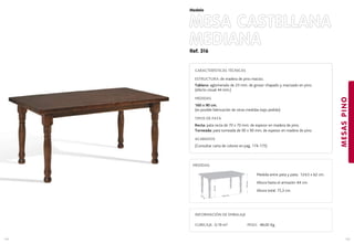Ref. 316
MESA CASTELLANA
MEDIANA
MESASPINO
155
Modelo
154
CARACTERÍSTICAS TÉCNICAS
ESTRUCTURA: de madera de pino macizo.
Tablero: aglomerado de 23 mm. de grosor chapado y macizado en pino.
(efecto visual 44 mm.)
MEDIDAS
160 x 90 cm.
(es posible fabricación de otras medidas bajo pedido)
TIPOS DE PATA
Recta: pata recta de 70 x 70 mm. de espesor en madera de pino.
Torneada: pata torneada de 90 x 90 mm. de espesor en madera de pino.
ACABADOS
(Consultar carta de colores en pag. 174-175)
74,5cm.
124,5 cm.62
cm
.
64cm.
Medida entre pata y pata: 124,5 x 62 cm.
Altura hasta el armazón: 64 cm.
Altura total: 75,3 cm.
MEDIDAS:
INFORMACIÓN DE EMBALAJE
CUBICAJE: 0,19 m3 PESO: 48,00 Kg.
 