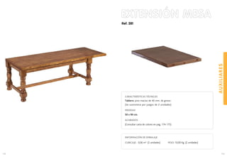 Ref. 281
EXTENSIÓN MESA
AUXILIARES
159158
CARACTERÍSTICAS TÉCNICAS
Tablero: pino macizo de 40 mm. de grosor.
(Se suministra por juegos de 2 unidades)
MEDIDAS
50 x 90 cm.
ACABADOS
(Consultar carta de colores en pag. 174-175)
INFORMACIÓN DE EMBALAJE
CUBICAJE: PESO: 10,00 Kg. (2 unidades)0,06 m3 (2 unidades)
 