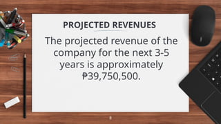 PROJECTED REVENUES
The projected revenue of the
company for the next 3-5
years is approximately
₱39,750,500.
8
 
