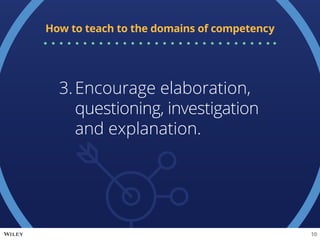 3.	Encourage elaboration,
questioning, investigation
and explanation.
How to teach to the domains of competency
10
 
