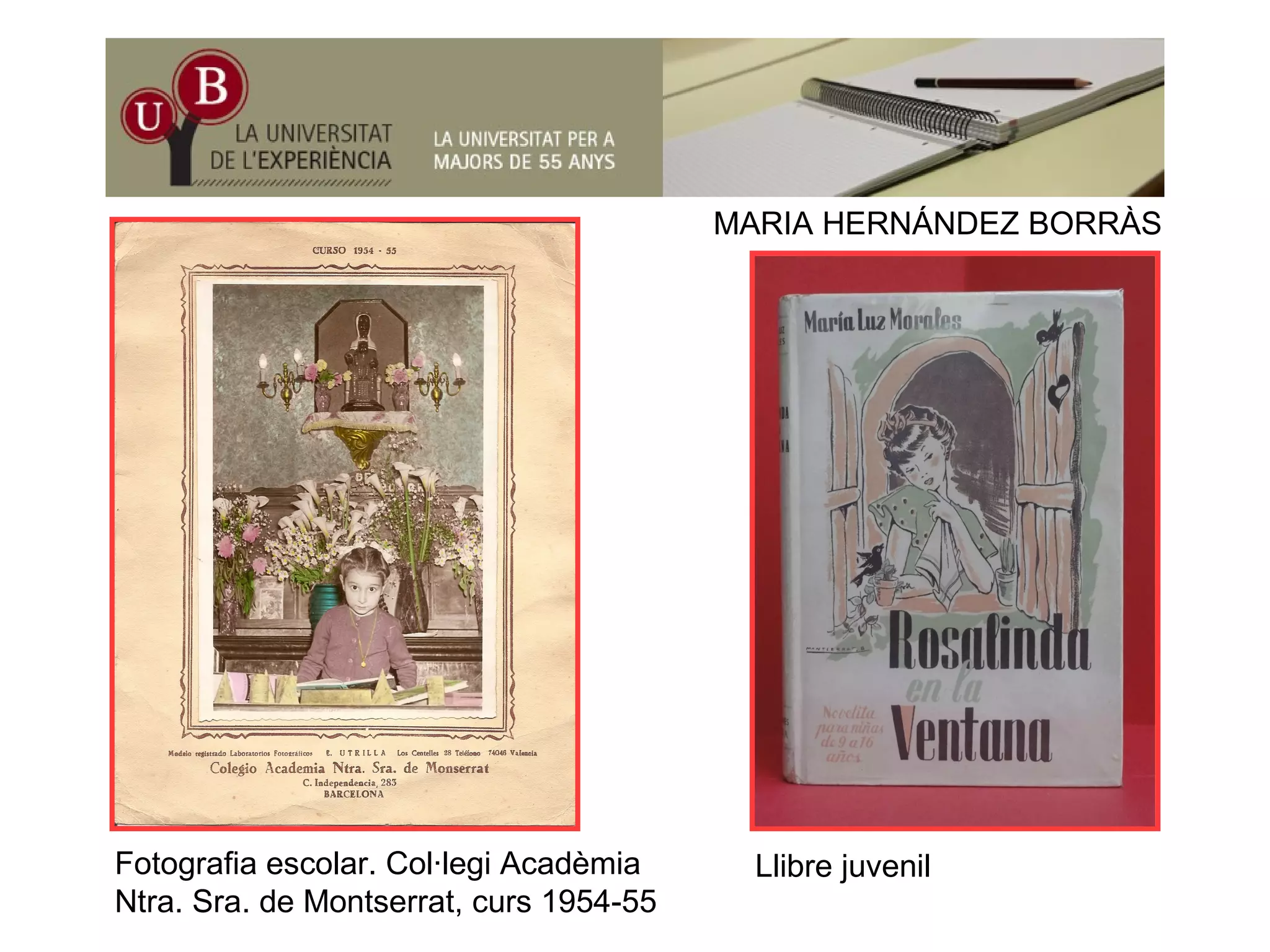 MARIA HERNÁNDEZ BORRÀS
Fotografia escolar. Col·legi Acadèmia
Ntra. Sra. de Montserrat, curs 1954-55
Llibre juvenil
 