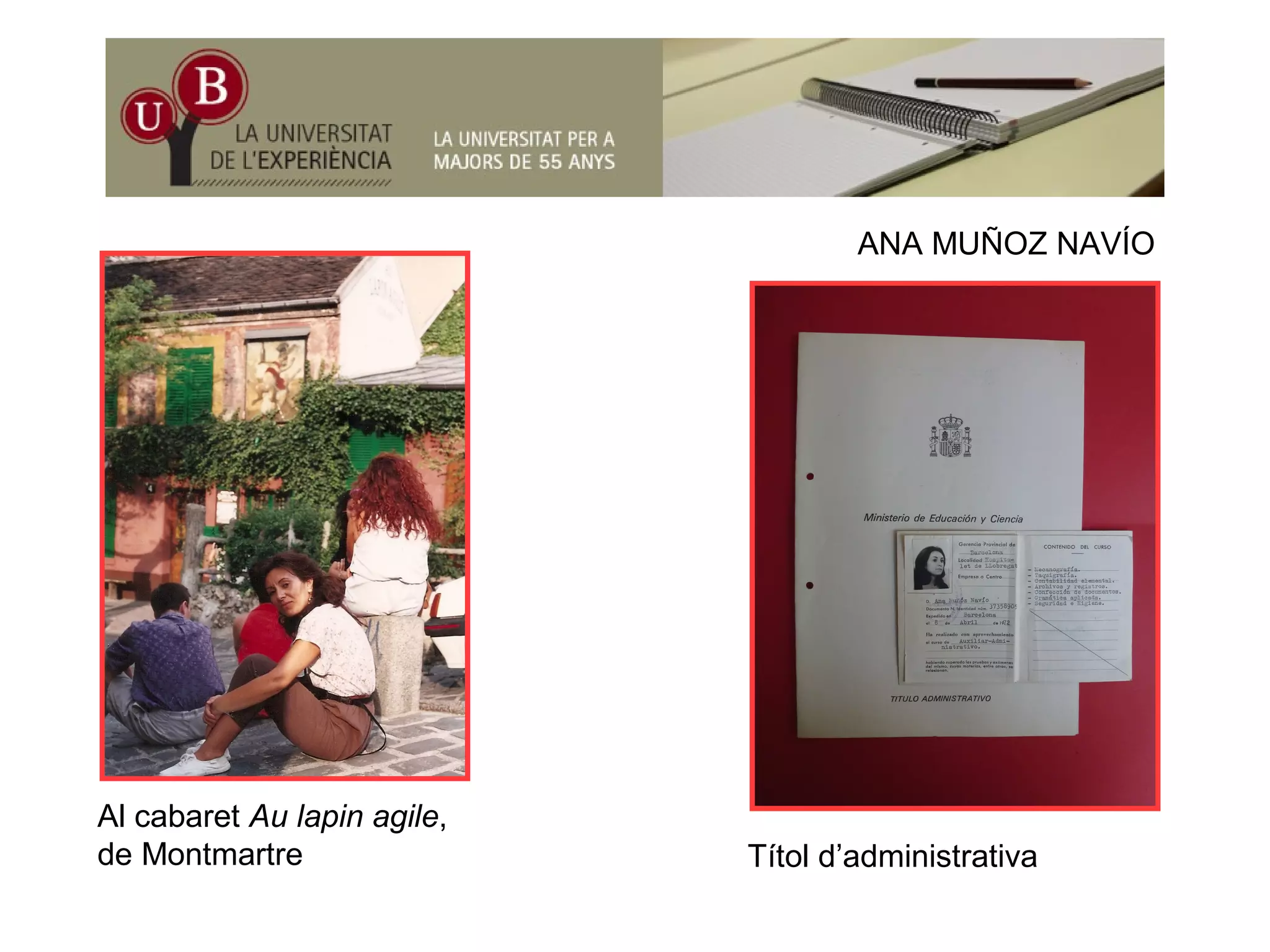 ANA MUÑOZ NAVÍOANA MUÑOZ NAVÍO
Al cabaret Au lapin agile,
de Montmartre Títol d’administrativa
 