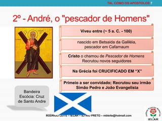 RODRIGO LEITE – IELAR – SJ RIO PRETO – rebleite@hotmail.com
TAL COMO OS APOSTOLOS 7
2º - André, o "pescador de Homens"
Viveu entre (~ 5 a. C. - 100)
nascido em Betsaida da Galiléia,
pescador em Cafarnaum
Cristo o chamou de Pescador de Homens
Recrutou novos seguidores
Na Grécia foi CRUCIFICADO EM “X”
Primeio a ser convidado; Recrutou seu irmão
Simão Pedro e João Evangelista
Bandeira
Escócia: Cruz
de Santo Andre
 