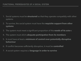 FUNCTIONAL PREREQUISITES OF A SOCIAL SYSTEM
1. Social systems must be structured so that they operate compatibly with other
systems
2. To survive, the social system must have the requisite support from other
systems
3. The system must meet a significant proportion of the needs of its actors
4. The system must elicit adequate participation from its members
5. It must have at least a minimum of control over potentially disruptive
behaviour
6. If conflict becomes sufficiently disruptive, it must be controlled
7. A social system requires a language in order to survive
 