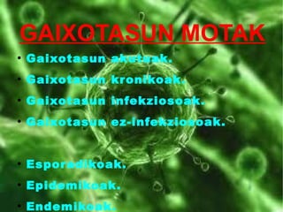 GAIXOTASUN MOTAK
●
Gaixotasun akutuak.
●
Gaixotasun kronikoak.
●
Gaixotasun infekziosoak.
●
Gaixotasun ez-infekziosoak.
●
Esporadikoak.
●
Epidemikoak.
●
Endemikoak.
 