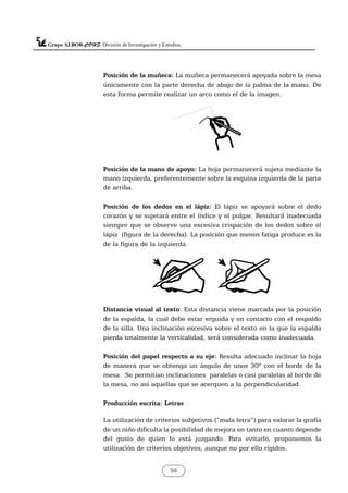 Posición de la muñeca: La muñeca permanecerá apoyada sobre la mesa
únicamente con la parte derecha de abajo de la palma de la mano. De
esta forma permite realizar un arco como el de la imagen.
Posición de la mano de apoyo: La hoja permanecerá sujeta mediante la
mano izquierda, preferentemente sobre la esquina izquierda de la parte
de arriba.
Posición de los dedos en el lápiz: El lápiz se apoyará sobre el dedo
corazón y se sujetará entre el índice y el pulgar. Resultará inadecuada
siempre que se observe una excesiva crispación de los dedos sobre el
lápiz (figura de la derecha). La posición que menos fatiga produce es la
de la figura de la izquierda.
Distancia visual al texto: Esta distancia viene marcada por la posición
de la espalda, la cual debe estar erguida y en contacto con el respaldo
de la silla. Una inclinación excesiva sobre el texto en la que la espalda
pierda totalmente la verticalidad, será considerada como inadecuada.
Posición del papel respecto a su eje: Resulta adecuado inclinar la hoja
de manera que se obtenga un ángulo de unos 30º con el borde de la
mesa. Se permitían inclinaciones paralelas o casi paralelas al borde de
la mesa, no así aquellas que se acerquen a la perpendicularidad.
Producción escrita: Letras
La utilización de criterios subjetivos (“mala letra”) para valorar la grafía
de un niño dificulta la posibilidad de mejora en tanto en cuanto depende
del gusto de quien lo está juzgando. Para evitarlo, proponemos la
utilización de criterios objetivos, aunque no por ello rígidos.
50
 