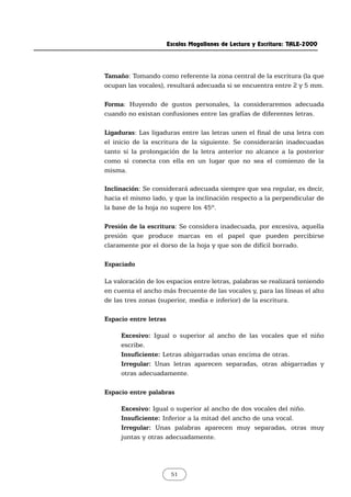Tamaño: Tomando como referente la zona central de la escritura (la que
ocupan las vocales), resultará adecuada si se encuentra entre 2 y 5 mm.
Forma: Huyendo de gustos personales, la consideraremos adecuada
cuando no existan confusiones entre las grafías de diferentes letras.
Ligaduras: Las ligaduras entre las letras unen el final de una letra con
el inicio de la escritura de la siguiente. Se considerarán inadecuadas
tanto si la prolongación de la letra anterior no alcance a la posterior
como si conecta con ella en un lugar que no sea el comienzo de la
misma.
Inclinación: Se considerará adecuada siempre que sea regular, es decir,
hacia el mismo lado, y que la inclinación respecto a la perpendicular de
la base de la hoja no supere los 45º.
Presión de la escritura: Se considera inadecuada, por excesiva, aquella
presión que produce marcas en el papel que pueden percibirse
claramente por el dorso de la hoja y que son de difícil borrado.
Espaciado
La valoración de los espacios entre letras, palabras se realizará teniendo
en cuenta el ancho más frecuente de las vocales y, para las líneas el alto
de las tres zonas (superior, media e inferior) de la escritura.
Espacio entre letras
Excesivo: Igual o superior al ancho de las vocales que el niño
escribe.
Insuficiente: Letras abigarradas unas encima de otras.
Irregular: Unas letras aparecen separadas, otras abigarradas y
otras adecuadamente.
Espacio entre palabras
Excesivo: Igual o superior al ancho de dos vocales del niño.
Insuficiente: Inferior a la mitad del ancho de una vocal.
Irregular: Unas palabras aparecen muy separadas, otras muy
juntas y otras adecuadamente.
Escalas Magallanes de Lectura y Escritura: TALE-2000
51
 