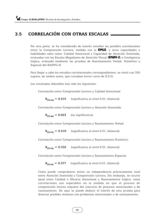 66
3.5 CORRELACIÓN CON OTRAS ESCALAS
Por otra parte, se ha considerado de interés estudiar las posibles correlaciones
entre la Comprensión Lectora, medida con la EMLE, y otras capacidades y
habilidades tales como: Calidad Atencional y Capacidad de Atención Sostenida,
evaluadas con las Escalas Magallanes de Atención Visual (EMAV-2) e Inteligencia
Lógica, evaluada mediante las pruebas de Razonamiento Verbal, Númérico y
Espacial del BADYG-R.
Para llegar a cabo los estudios correlacionales correspondientes, se contó con 350
sujetos, de ambos sexos, que cursaban tercer curso de E.S.O.
Los resultados obtenidos han sido los siguientes:
Correlación entre Comprensión Lectora y Calidad Atencional:
Rcl-ca = 0.215 (significativa al nivel 0.01, bilateral)
Correlación entre Comprensión Lectora y Atención Sostenida:
Rcl-as = 0.023 (no significativa)
Correlación entre Comprensión Lectora y Razonamiento Verbal:
Rcl-rv = 0.519 (significativa al nivel 0.01, bilateral)
Correlación entre Comprensión Lectora y Razonamiento Numérico:
Rcl-rn = 0.332 (significativa al nivel 0.01, bilateral)
Correlación entre Comprensión Lectora y Razonamiento Espacial:
Rcl-re = 0.377 (significativa al nivel 0.01, bilateral)
Como puede comprobarse existe un independencia prácticamente total
entre Atención Sostenida y Comprensión Lectora. Sin embargo, no ocurre
igual entre Calidad o Eficacia Atencional y Razonamiento Lógico; estas
correlaciones son esperables en la medida en que el proceso de
comprensión lectora requiere del concurso de procesos atencionales y de
razonamiento. De aquí se puede deducir el interés de esta prueba para
detectar posibles alumnos con problemas atencionales o de razonamiento.
 