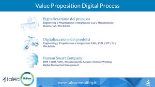 www.taleaconsulting.it
Value Proposition Digital Process
Digitalizzazione dei processi
Engineering / Progettazione e integ...