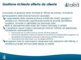 Gestione richiesta offerta da cliente
Il processo di gestione delle richieste di offerta da cliente, richiede la
partecipazione delle diverse funzioni aziendali:
il responsabile delle vendite archivia le RdO dei clienti, assegna il
venditore di riferimento, specificando anche la priorità dell’offerta
(urgente, normale o capitolato) ed eventuali note
dopo la valutazione dello stato del cliente (bloccato o valido)
il venditore riceve il task e procede ad inserire l'offerta nel gestionale,
richiedendo eventualmente
• informazioni per la codifica di alcuni articoli, all’ufficio preposto
• informazioni riguardanti il prezzo di acquisto di una fornitura, la disponibilità a magazzino, la
possibilità di ritiri/spedizioni particolari o voluminose, all’ufficio acquisti
• materiale tecnico, data sheets, ecc., da allegare all’offerta
recuperate tutte le informazioni necessarie alla redazione dell’offerta, il
venditore procede all’invio della stessa al cliente
 