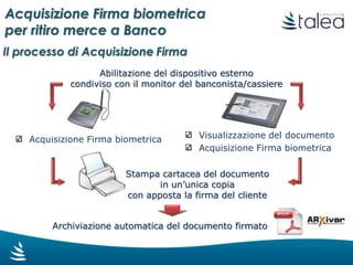 L’integrazione ci garantisce:
 Acquisizione dei dati biometrici con
salvataggio delle caratteristiche della firma
che identificano univocamente il firmatario
del documento.
 Connessione univoca del documento al
firmatario
È uno strumento che un perito calligrafico
può utilizzare per la verifica in sede legale
della autenticità di una firma.
Acquisizione Firma biometrica
per ritiro merce a Banco
 