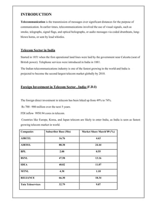 INTRODUCTION
Telecommunication is the transmission of messages over significant distances for the purpose of
communication. In earlier times, telecommunications involved the use of visual signals, such as
smoke, telegraphs, signal flags, and optical heliographs, or audio messages via coded drumbeats, lung-
blown horns, or sent by loud whistles.



Telecom Sector in India
Started in 1851 when the first operational land lines were laid by the government near Calcutta (seat of
British power). Telephone services were introduced in India in 1881.

The Indian telecommunications industry is one of the fastest growing in the world and India is
projected to become the second largest telecom market globally by 2010.



Foreign Investment in Telecom Sector , India (F.D.I)


The foreign direct investment in telecom has been hiked up from 49% to 74%.

Rs 700 –900 million over the next 5 years.

FDI inflow 9950.94 cores in telecom.

Countries like Europe, Korea, and Japan telecom are likely to enter India, as India is seen as fastest
growing telecom market in world.

Companies            Subscriber Base (Mn)            Market Share March’09 (%)

AIRCEL                           16.76                           4.63

AIRTEL                           88.38                           24.44

BPL                              2.00                            0.55

BSNL                             47.58                           13.16

IDEA                             40.02                           11.07

MTNL                             4.30                            1.18

RELIANCE                         66.30                           18.34

Tata Teleservices                32.79                           9.07
 