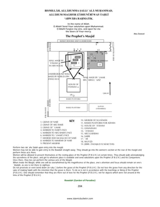 In the name of Allah.
                                              O Allah! Send Your salutation upon Muhammad.
                                                 O Allah! Forgive my sins, and open for me
                                                          the doors of Your mercy.
                                                                                                                                    Abu Dawud




    Perform two rak`ahs Salah upon entry into the masjid.
    Women may not be able to gain entry to the Rawdah straight away. They should go into the women’s section at the rear of the masjid and
    perform these acts there.
    Women will be allowed to present themselves at the resting place of the Prophet (P.B.U.H.) at certain times. They should walk acknowledging
    the sacredness of the place, and get to whatever place is available and send salutations upon the Prophet (P.B.U.H.) and his Companions.
    Once there, they too can perform the various acts of the Masjid.
    When inside the Masjid, while one will be overwhelmed by the magnificence of the place, one’s attention and focus should remain on one’s
    `Ibadah, as one is not there to sightsee.
    Do not prostrate or even bend down (in ruku`) before the grave of the Prophet (P.B.U.H.). Do not face the grave from any direction for the
    sake of making Salah with the intention that the grave is there. To do so is not in accordance with the teachings or liking of the Prophet
    (P.B.U.H.). One should remember that they are there out of love for the Prophet (P.B.U.H.), not for objects which were not around at the
    time of the Prophet (P.B.U.H.).

                                                          Rawdah (Garden of Paradise)

                                                                        204 

 
                                                             www.islamicbulletin.com
 