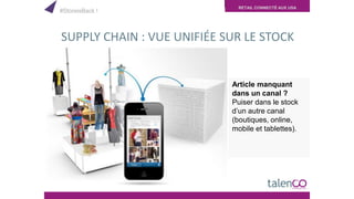 RETAIL CONNECTÉ AUX USA
Article manquant
dans un canal ?
Puiser dans le stock
d’un autre canal
(boutiques, online,
mobile et tablettes).
SUPPLY CHAIN : VUE UNIFIÉE SUR LE STOCK
#StoreisBack !
 