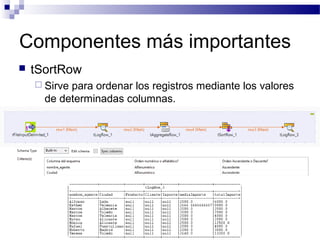 Componentes más importantes
 tSortRow
 Sirve para ordenar los registros mediante los valores
de determinadas columnas.
 
