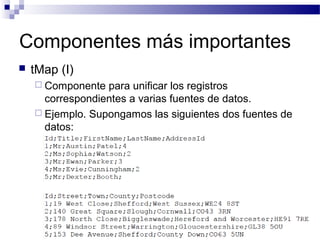 Componentes más importantes
 tMap (I)
 Componente para unificar los registros
correspondientes a varias fuentes de datos.
 Ejemplo. Supongamos las siguientes dos fuentes de
datos:
 