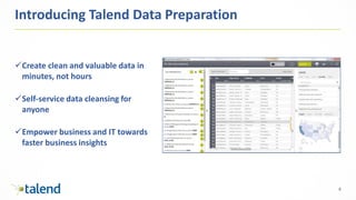 6
Introducing Talend Data Preparation
Create clean and valuable data in
minutes, not hours
Self-service data cleansing for
anyone
Empower business and IT towards
faster business insights
 