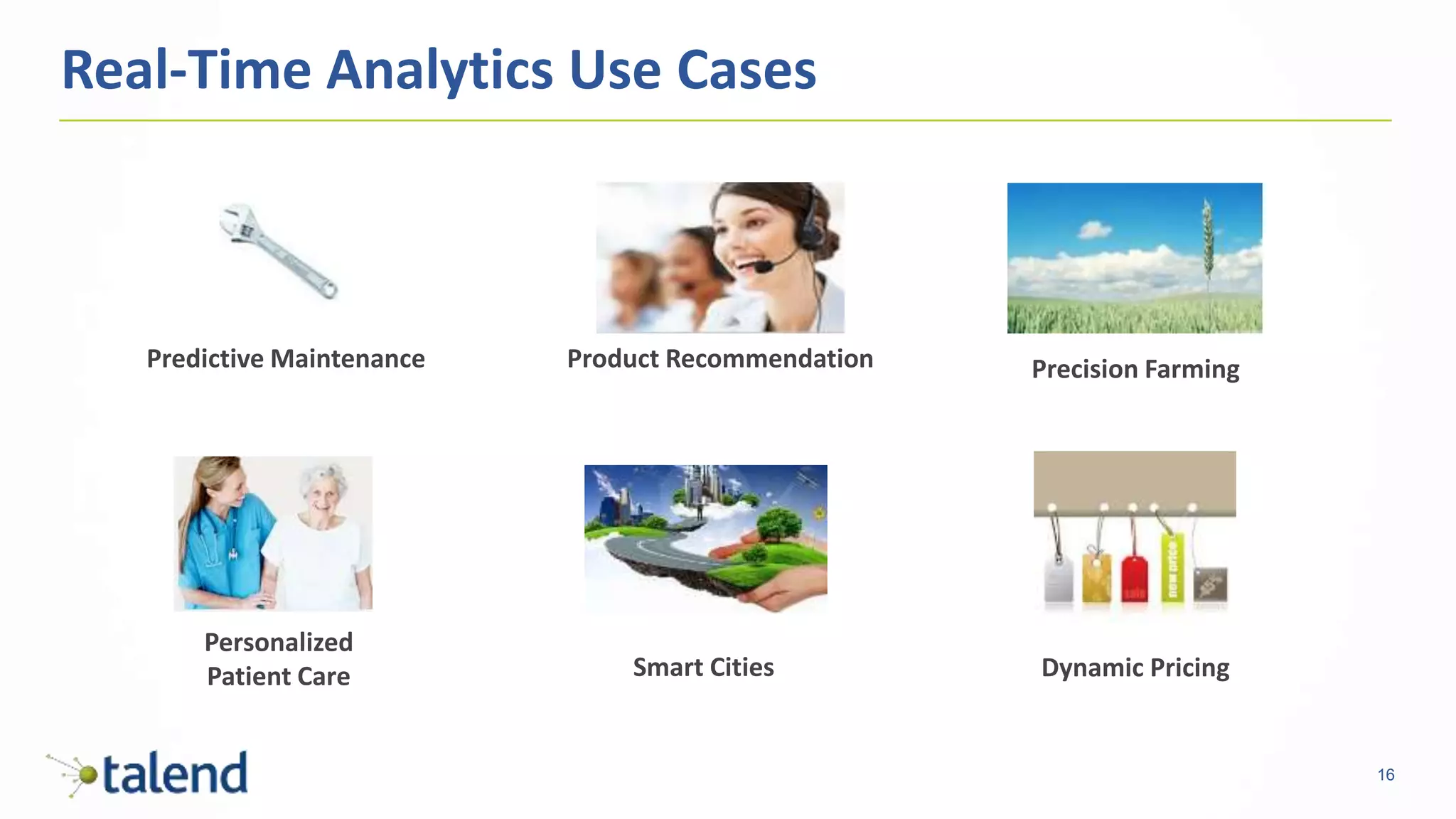 16
Real-Time Analytics Use Cases
Predictive Maintenance
Personalized
Patient Care Smart Cities
Product Recommendation Precision Farming
Dynamic Pricing
 
